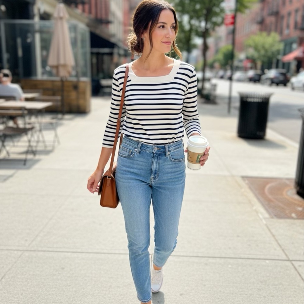 ⚓️ SAINT JAMES France Striped Ribbed Knit Top | Square Neck | Cream & Black US 8